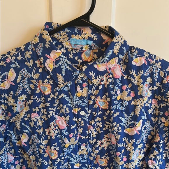 J. McLaughlin Blue & Pink Butterfly Floral Blouse, size M - Picture 2 of 7